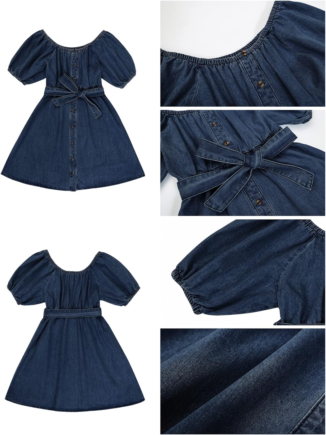 luvamia Denim Dress for Women Off The Shoulder Dresses Puff Sleeve Elastic Waist A Line Short Western Jean Dress Belted