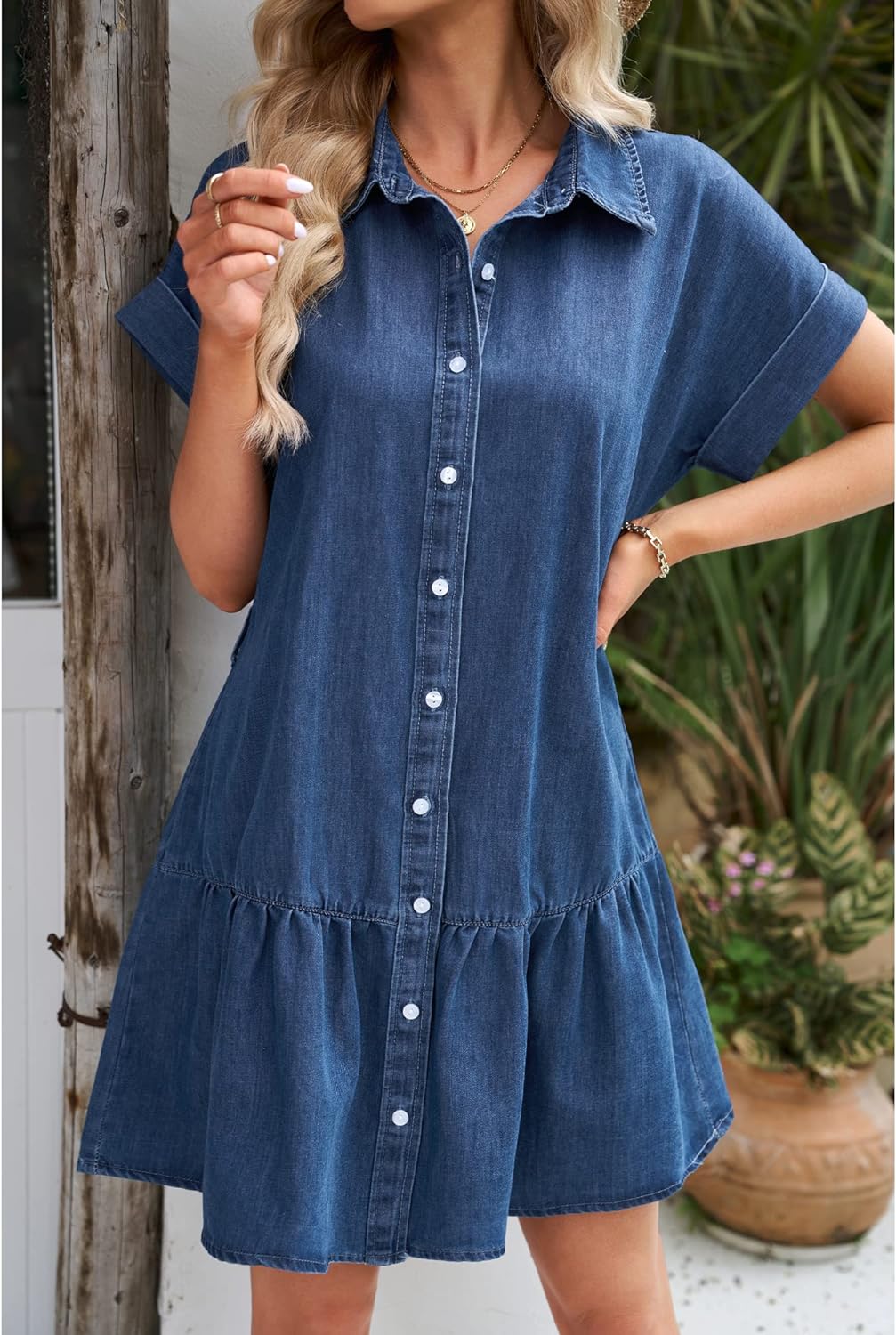 GRAPENT Denim Dress for Women Summer Button Down Belted Short Dresses Flowy Western Casual Jean Dress