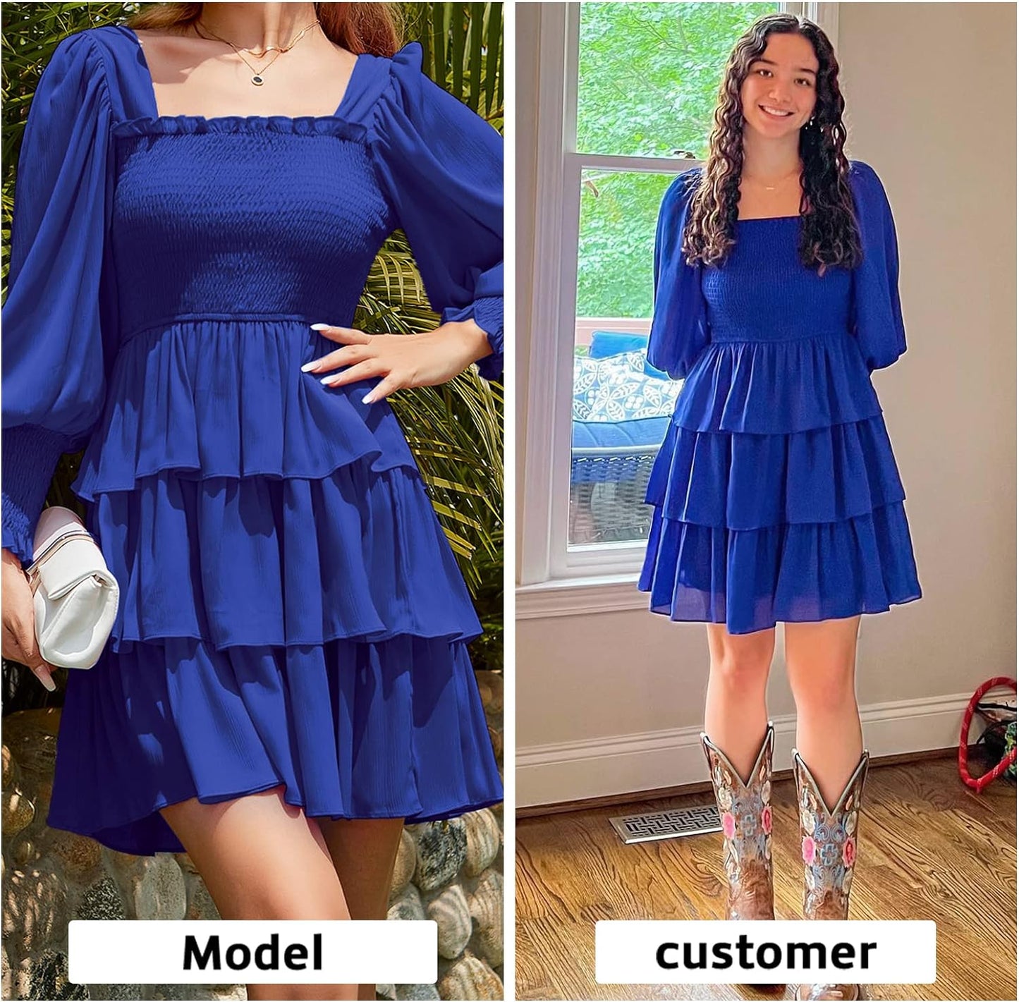 Byinns Women's 2024 Square Neck Ruffle Dress Long Sleeve Floral Print Tiered Tie Back Layered Swing Mini Dress