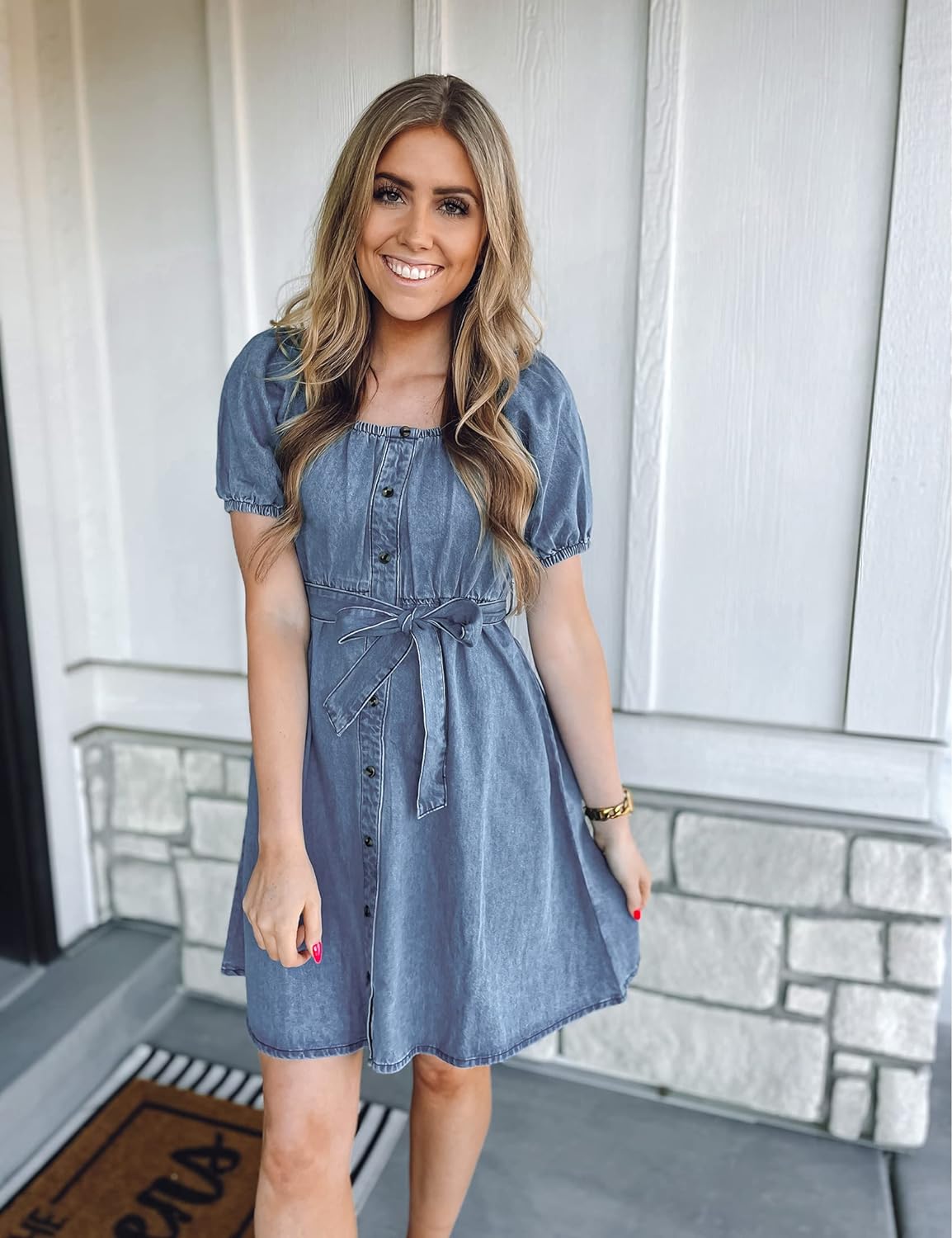 luvamia Denim Dress for Women Off The Shoulder Dresses Puff Sleeve Elastic Waist A Line Short Western Jean Dress Belted