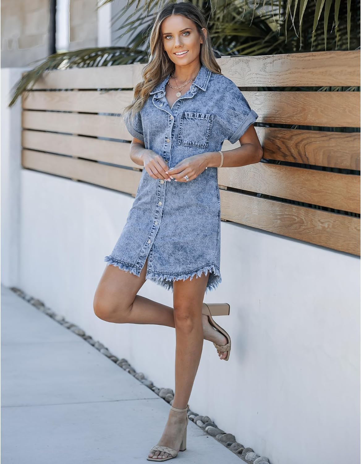 luvamia Denim Dress for Women Button Down Short Sleeves Casual Summer Jean Shirt Dresses with Pockets Frayed Hem