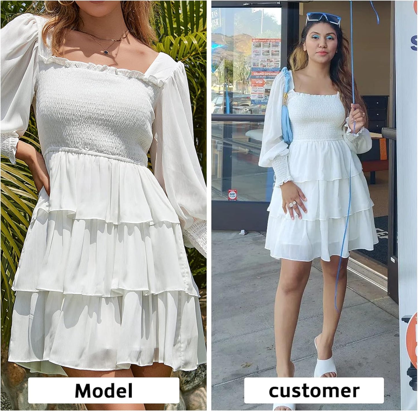 Byinns Women's 2024 Square Neck Ruffle Dress Long Sleeve Floral Print Tiered Tie Back Layered Swing Mini Dress