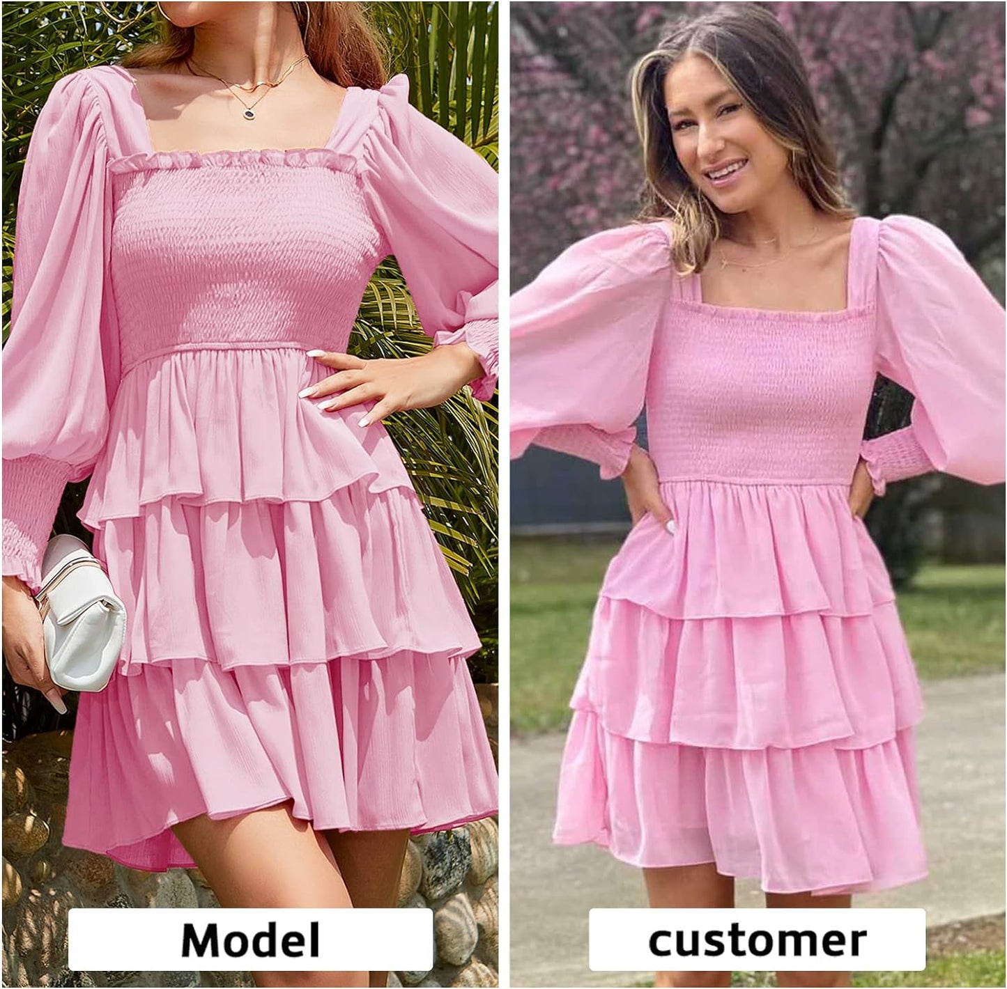 Byinns Women's 2024 Square Neck Ruffle Dress Long Sleeve Floral Print Tiered Tie Back Layered Swing Mini Dress