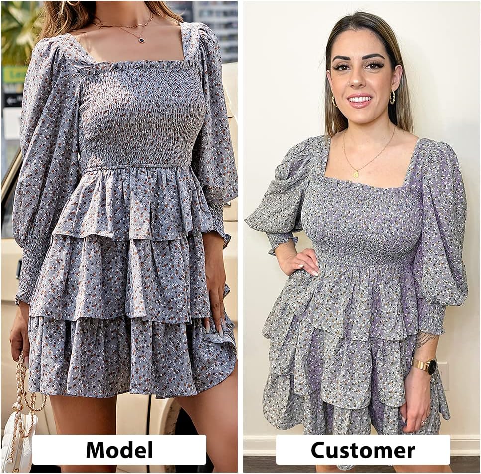 Byinns Women's 2024 Square Neck Ruffle Dress Long Sleeve Floral Print Tiered Tie Back Layered Swing Mini Dress