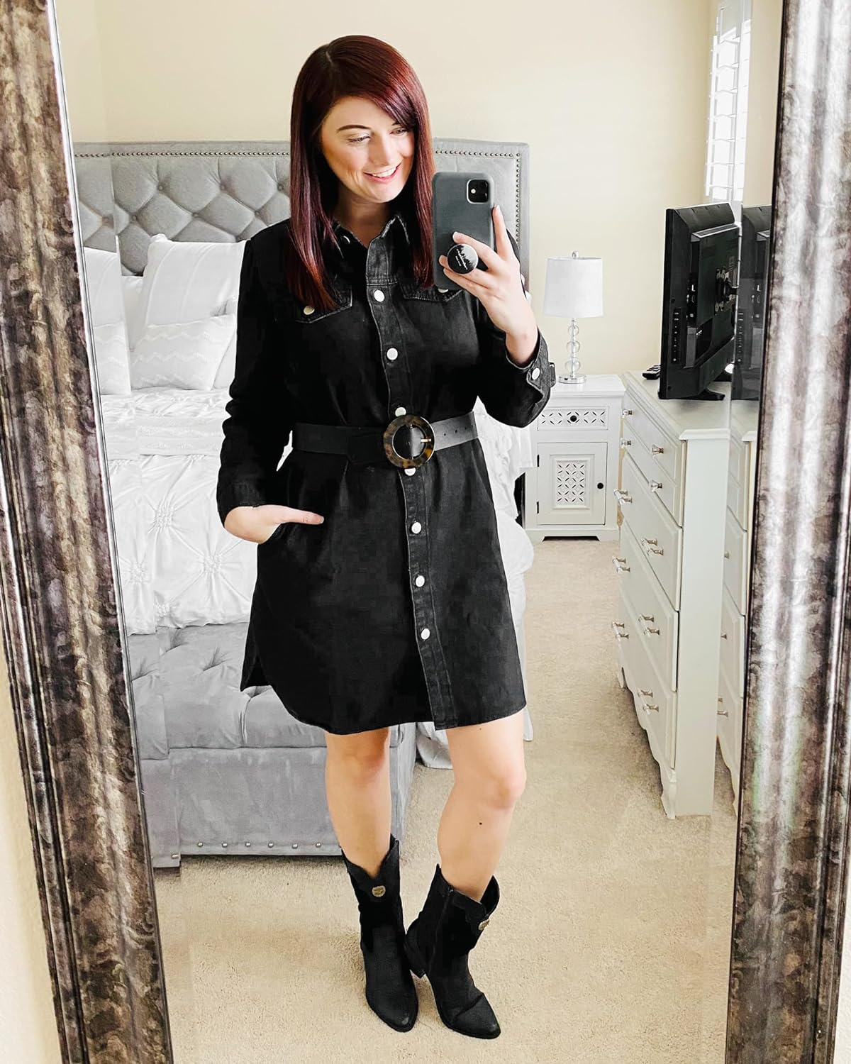 luvamia Denim Dress for Women 2024 Jean Spring Dresses Cowgirl Western Casual Long Sleeve Button Down Dress with Pockets