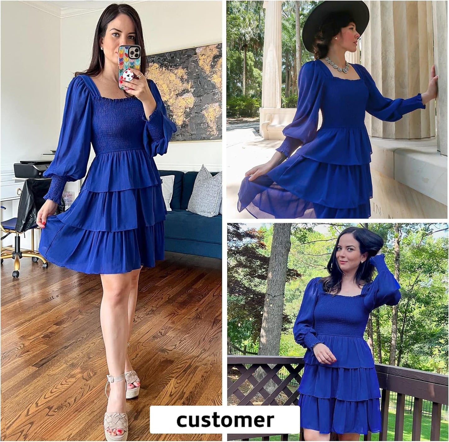 Byinns Women's 2024 Square Neck Ruffle Dress Long Sleeve Floral Print Tiered Tie Back Layered Swing Mini Dress