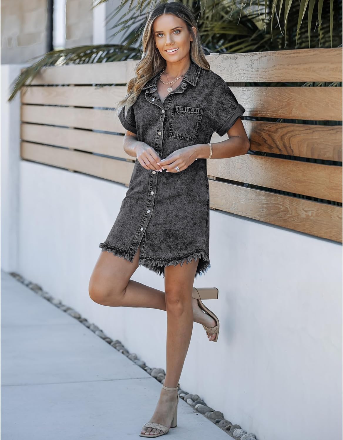 luvamia Denim Dress for Women Button Down Short Sleeves Casual Summer Jean Shirt Dresses with Pockets Frayed Hem