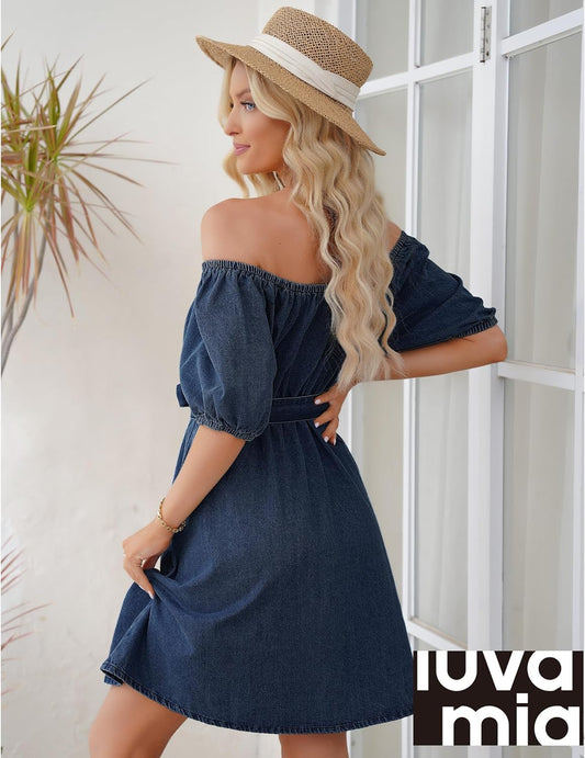 luvamia Denim Dress for Women Off The Shoulder Dresses Puff Sleeve Elastic Waist A Line Short Western Jean Dress Belted
