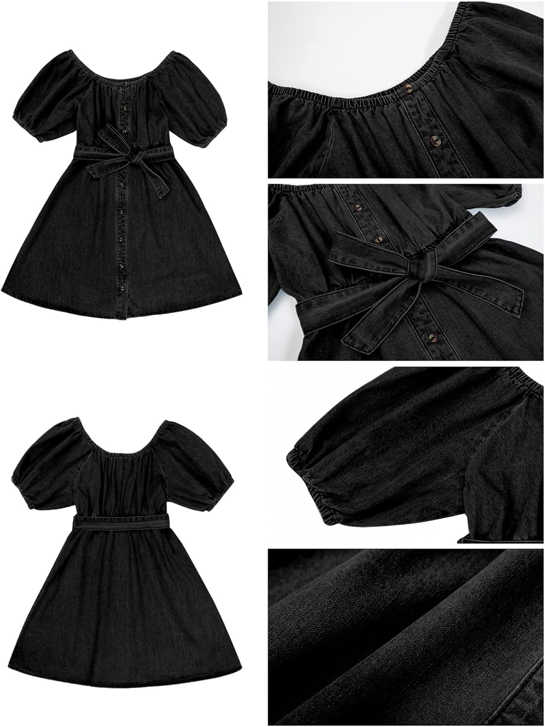 luvamia Denim Dress for Women Off The Shoulder Dresses Puff Sleeve Elastic Waist A Line Short Western Jean Dress Belted