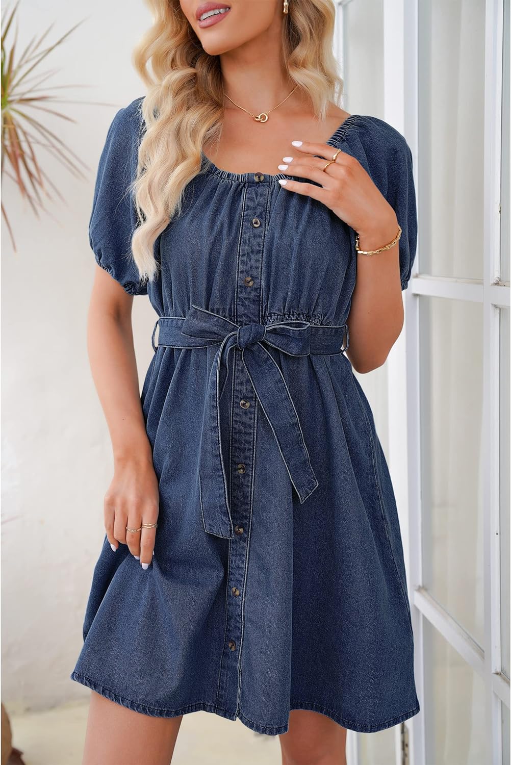 luvamia Denim Dress for Women Off The Shoulder Dresses Puff Sleeve Elastic Waist A Line Short Western Jean Dress Belted