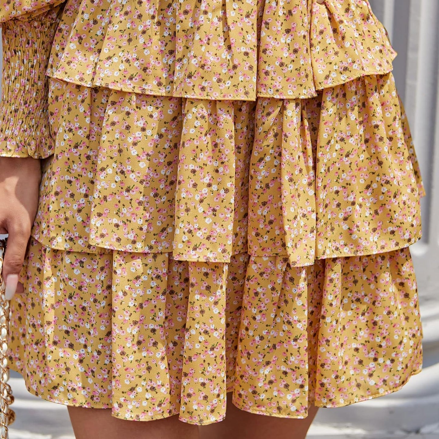 Byinns Women's 2024 Square Neck Ruffle Dress Long Sleeve Floral Print Tiered Tie Back Layered Swing Mini Dress