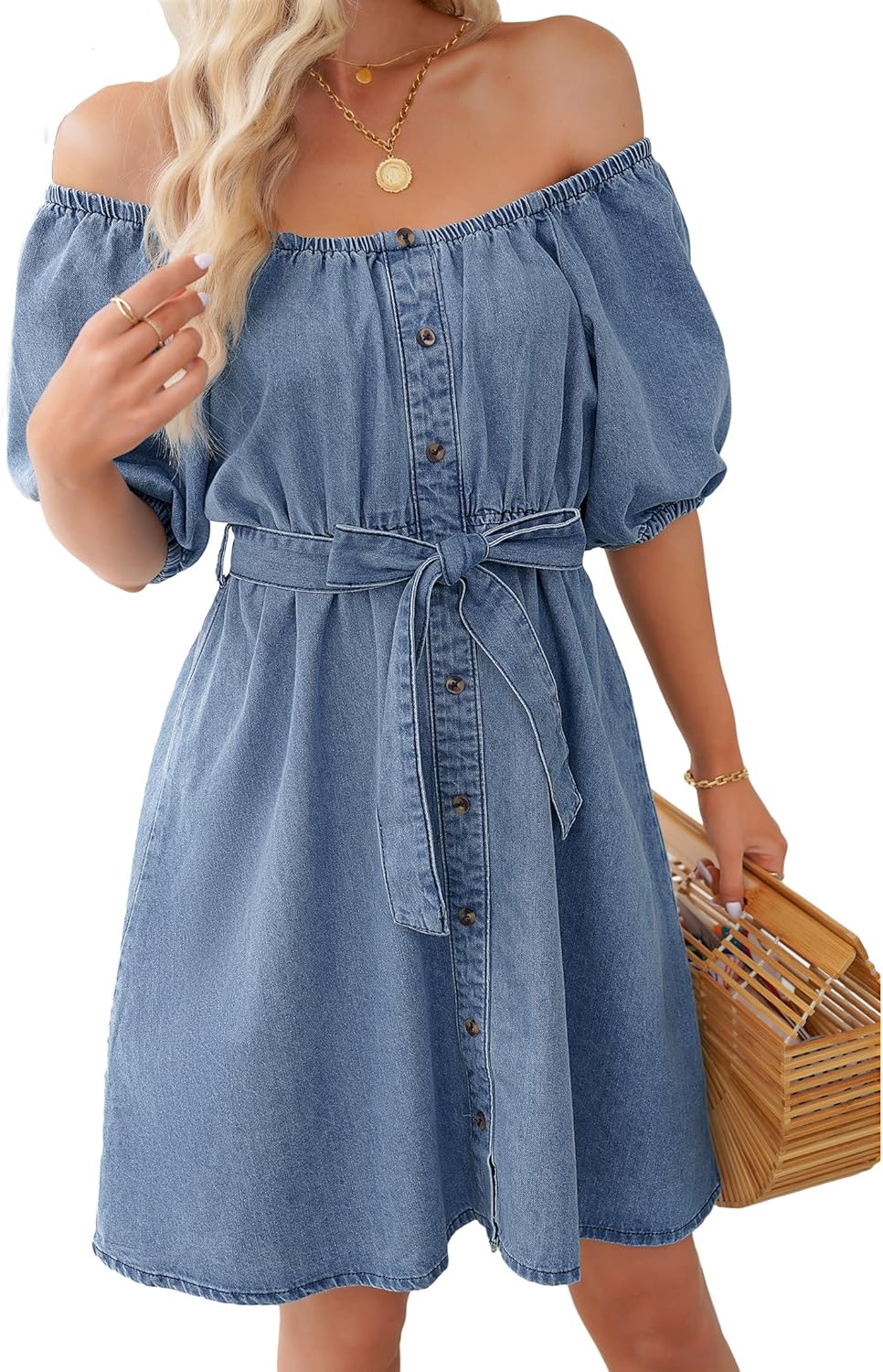 luvamia Denim Dress for Women Off The Shoulder Dresses Puff Sleeve Elastic Waist A Line Short Western Jean Dress Belted