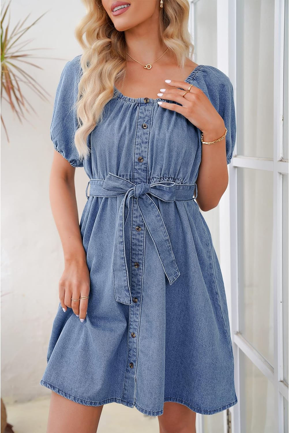 luvamia Denim Dress for Women Off The Shoulder Dresses Puff Sleeve Elastic Waist A Line Short Western Jean Dress Belted