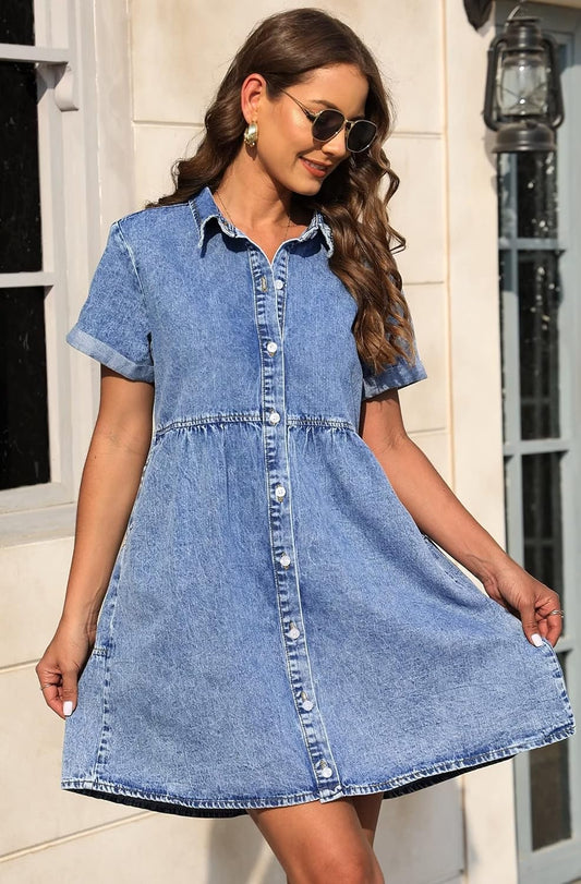 KDF Denim Dress for Women with Pockets Short Sleeve Babydoll Denim Shirt Dresses for Women 2023