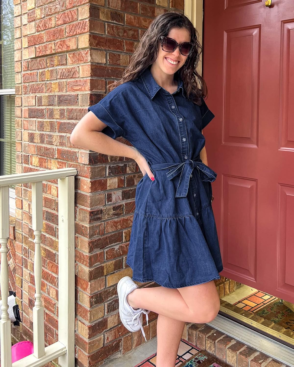 GRAPENT Denim Dress for Women Summer Button Down Belted Short Dresses Flowy Western Casual Jean Dress