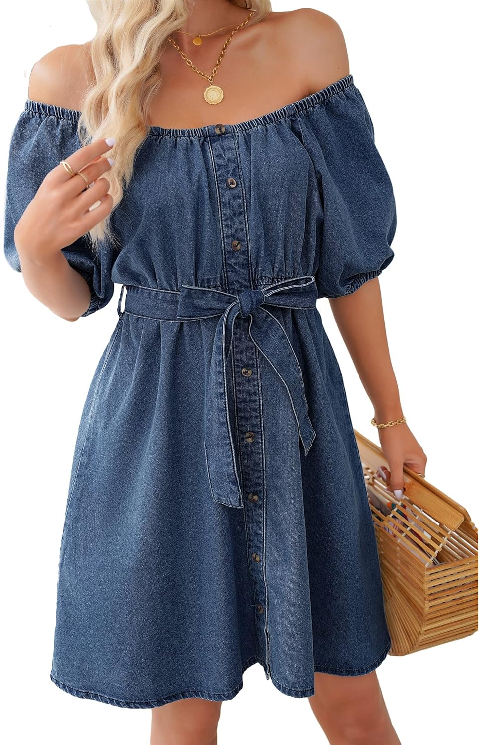 luvamia Denim Dress for Women Off The Shoulder Dresses Puff Sleeve Elastic Waist A Line Short Western Jean Dress Belted