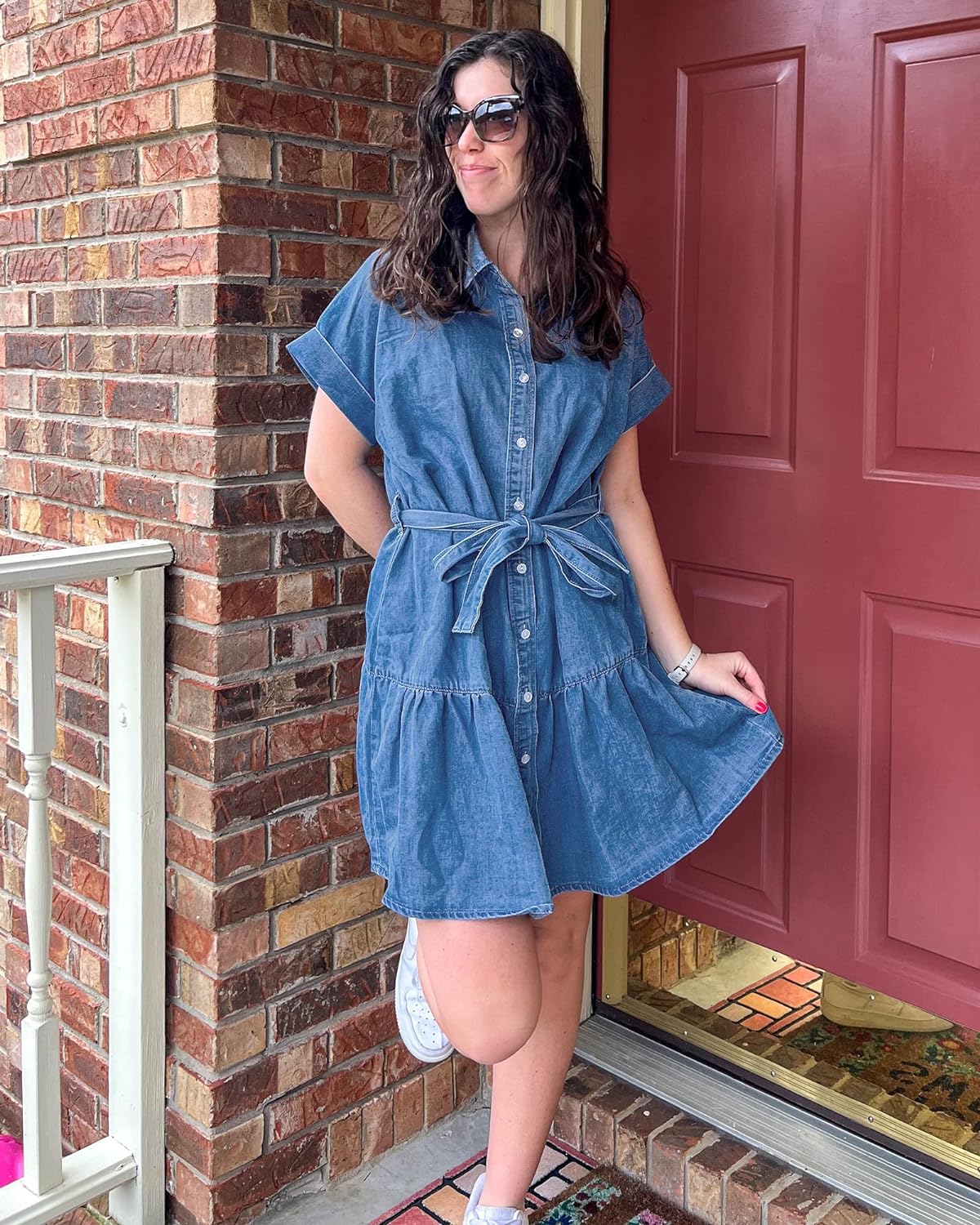 GRAPENT Denim Dress for Women Summer Button Down Belted Short Dresses Flowy Western Casual Jean Dress