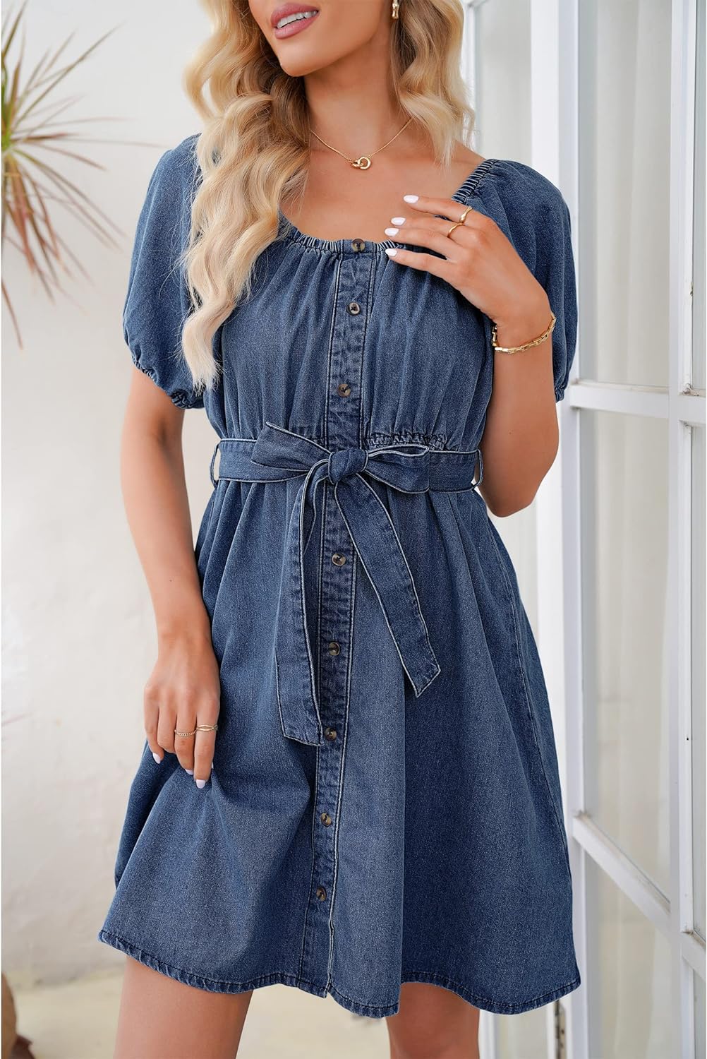 luvamia Denim Dress for Women Off The Shoulder Dresses Puff Sleeve Elastic Waist A Line Short Western Jean Dress Belted
