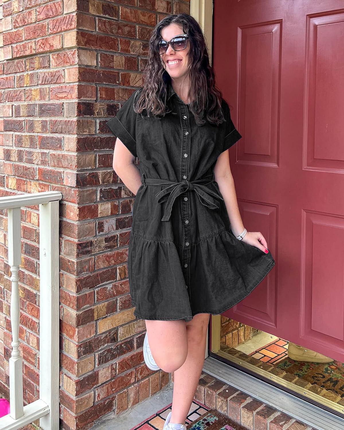 GRAPENT Denim Dress for Women Summer Button Down Belted Short Dresses Flowy Western Casual Jean Dress