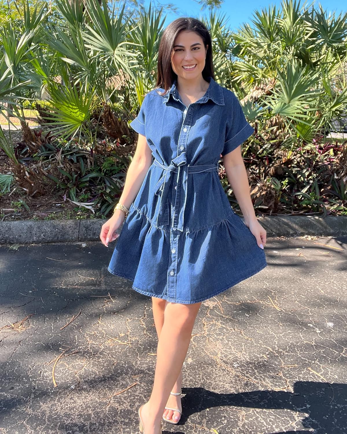 GRAPENT Denim Dress for Women Summer Button Down Belted Short Dresses Flowy Western Casual Jean Dress