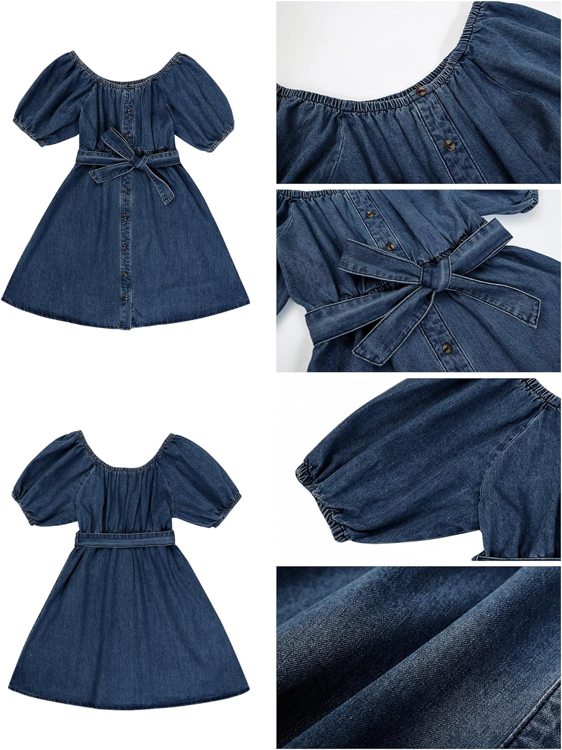 luvamia Denim Dress for Women Off The Shoulder Dresses Puff Sleeve Elastic Waist A Line Short Western Jean Dress Belted