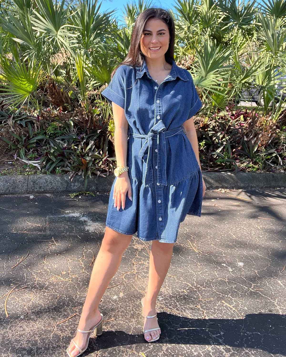 GRAPENT Denim Dress for Women Summer Button Down Belted Short Dresses Flowy Western Casual Jean Dress