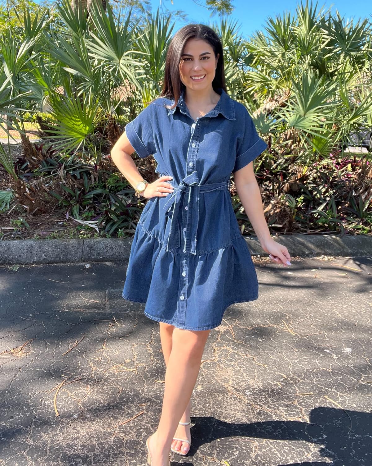 GRAPENT Denim Dress for Women Summer Button Down Belted Short Dresses Flowy Western Casual Jean Dress