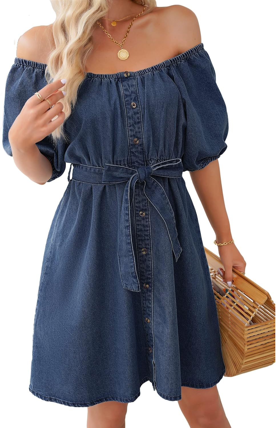luvamia Denim Dress for Women Off The Shoulder Dresses Puff Sleeve Elastic Waist A Line Short Western Jean Dress Belted